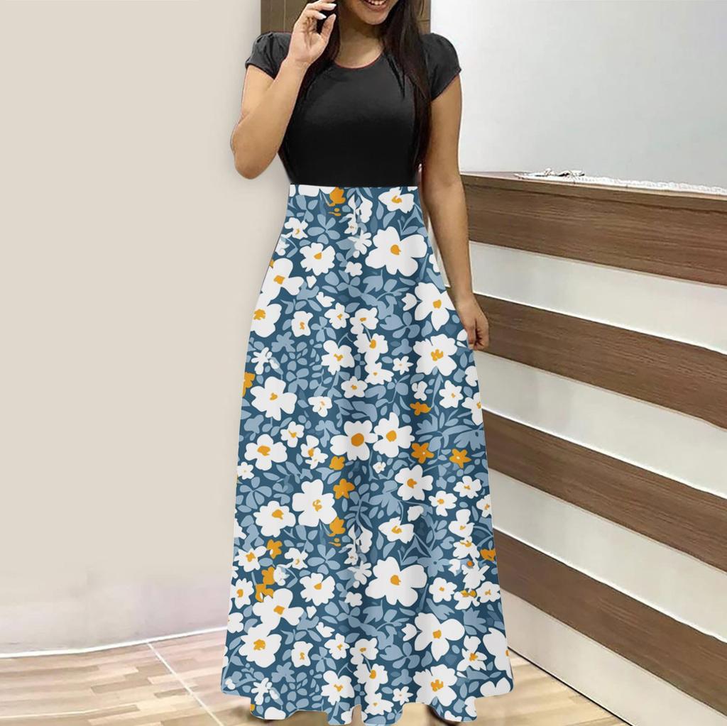 Женская мода повседневные свободные принтованные платья с круглым вырезом и коротким рукавом длинные платья с коротким рукавом длинные платья