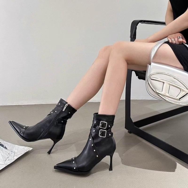 Модная женская обувь 2024 года, высококачественные женские сапоги с боковой молнией, модные офисные и карьерные сексуальные сапоги до середины икры с острым носком и пряжкой