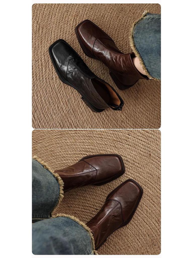 Lambskin Slimming Ankle Boots 2025: Women's Mid-Heel Vintage Martin Boots, Black Square Toe, Autumn/Winter Collection.