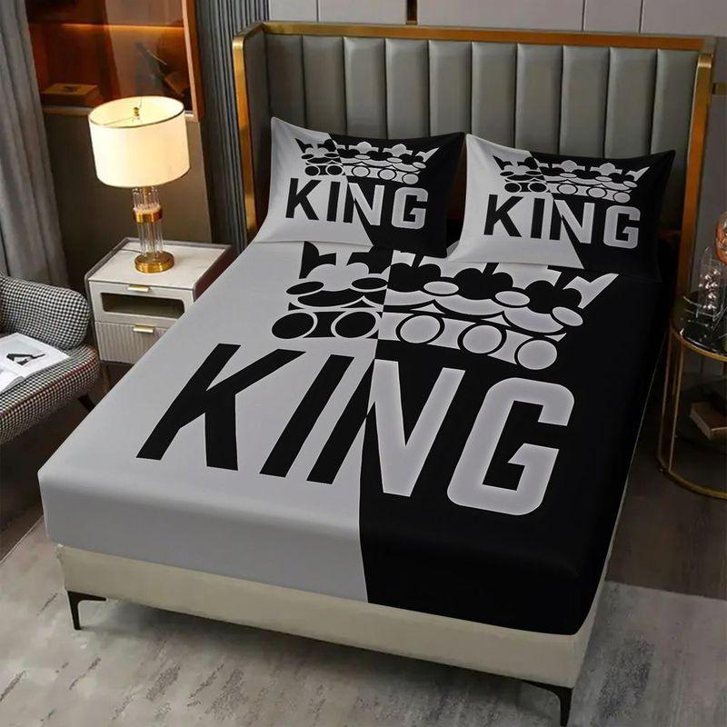 King Crown Graphic Print Fitted Sheet Set 1 Fitted Sheet + 2 Pillowcases Modern Bedding Set Soft Breathable Bed Room Decor