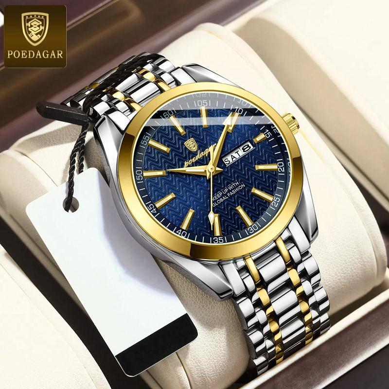 POEDAGAR Роскошные деловые мужские часы для мужчин водонепроницаемые светящиеся из нержавеющей стали дата неделя мужские кварцевые часы