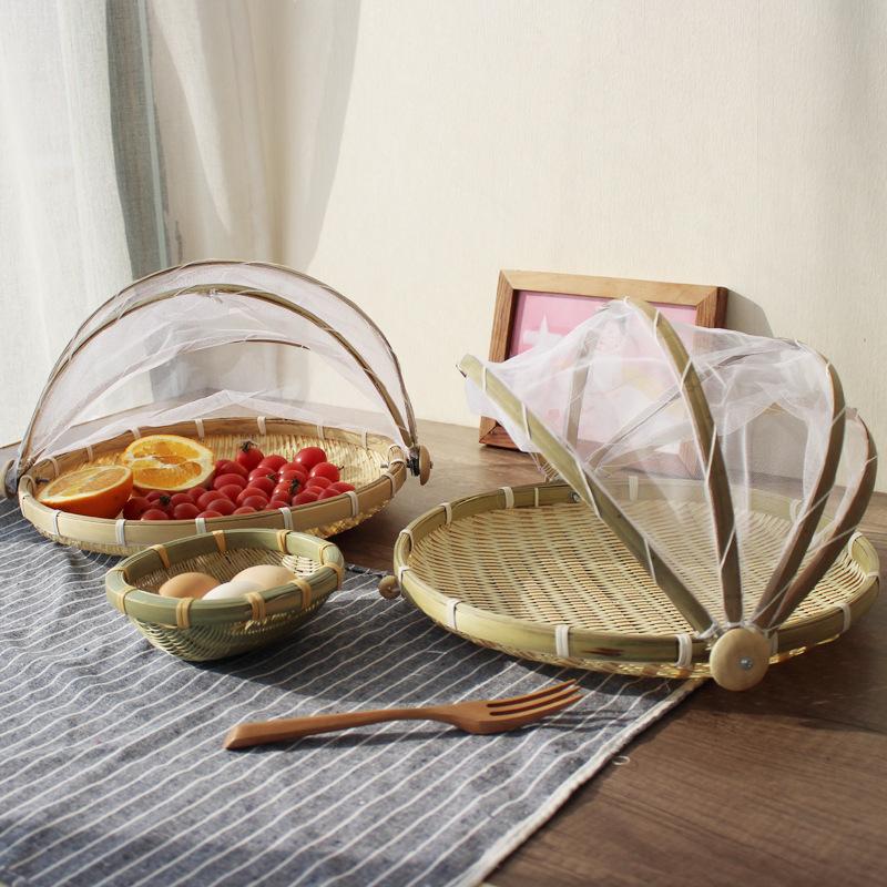 Vegetable Cover with Net Cover Household Drying Basket Steamed Buns Round Dustpan Bamboo Bamboo Woven Basket Storage Insect-proof Fruit Bamboo