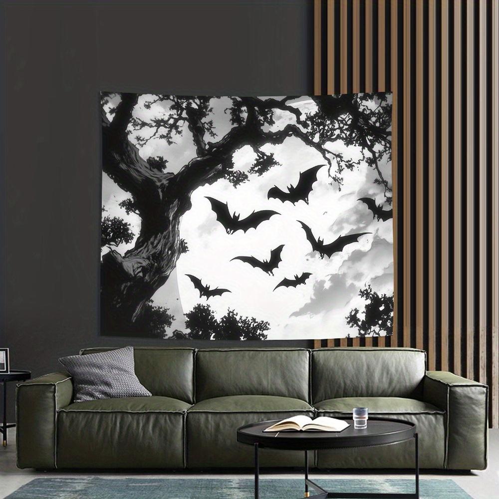 Gothic Bat Tapestry, Flying Bats under Old Tree in Moonlight, Halloween Theme Wall Hanging for Bedroom Living Room Decor
