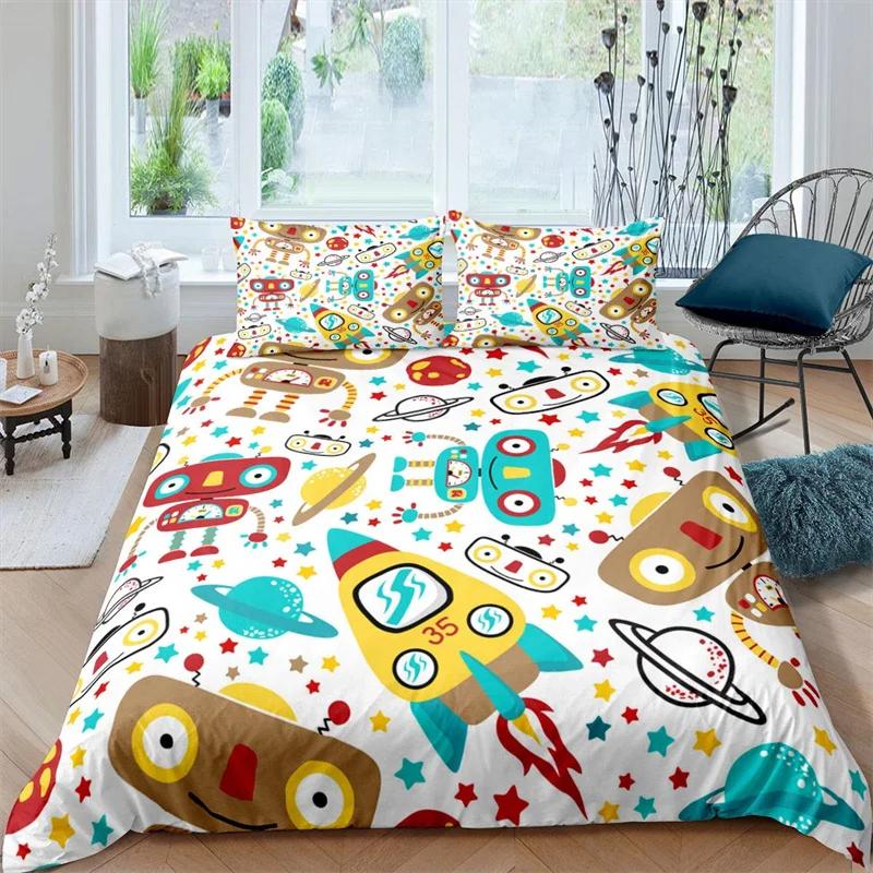 Комплект постельного белья с изображением робота, мультяшный космический робот, комплект постельного белья в стиле пэчворк, футуристическая машина, одеяло, чехол для близнеца, полный комплект для мальчика