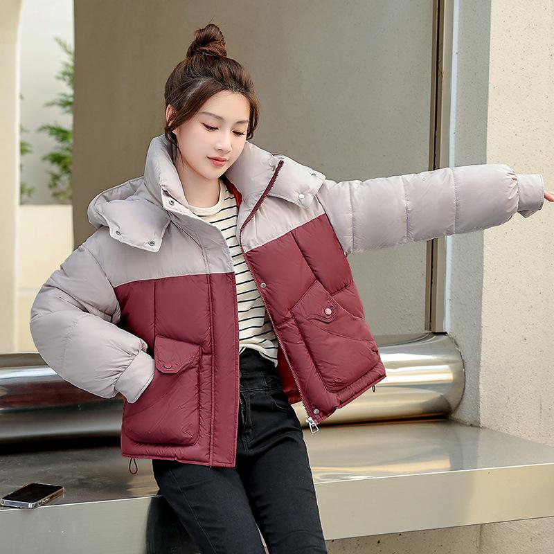 Autumn and Winter Women's Coat Hooded Short Color Matching Loose Casual Thickened Windproof Student Jacket