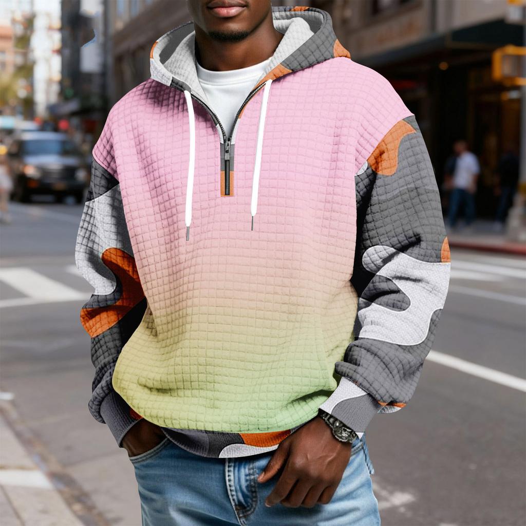 Мужской худи-пуловер в клетку с капюшоном на молнии до середины, со шнурком и принтом, повседневная спортивная толстовка