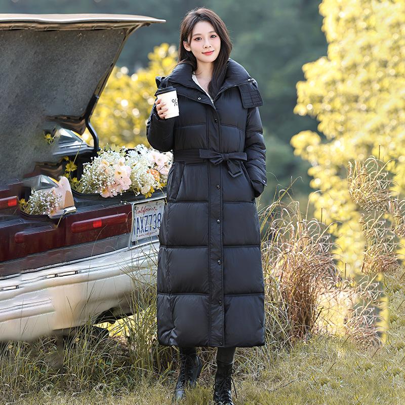 Европейское женское длинное хлопковое пальто выше колена, тонкое хлопковое женское утолщенное хлопковое пальто, зимняя куртка с капюшоном и поясом
