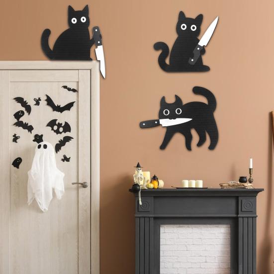 3Pcs/Set Holding Cutter Black Cat Decoration Farmhouse Rustic Wooden Halloween Cat Wall Art Home Bedroom Living Room Door Frame Decorative Sign