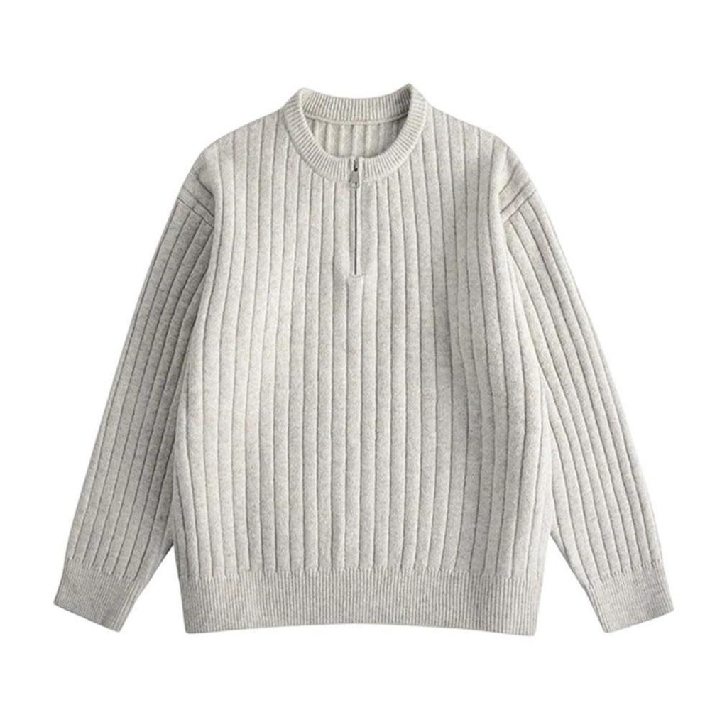 Men's Casual Solid Color Semi-zipper Round-neck Sweater, Men's Loose Line Texture Pullover Knitted Sweater