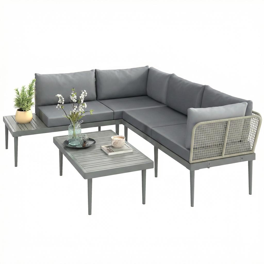Thee-Piece 'L' Rattan Sofa Set - Grey