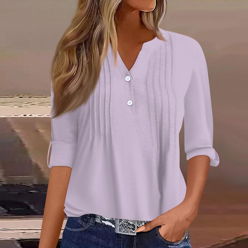 Women's Fashion Casual Solid Colour V-Neck Long Sleeve Button Down T-Shirt Top