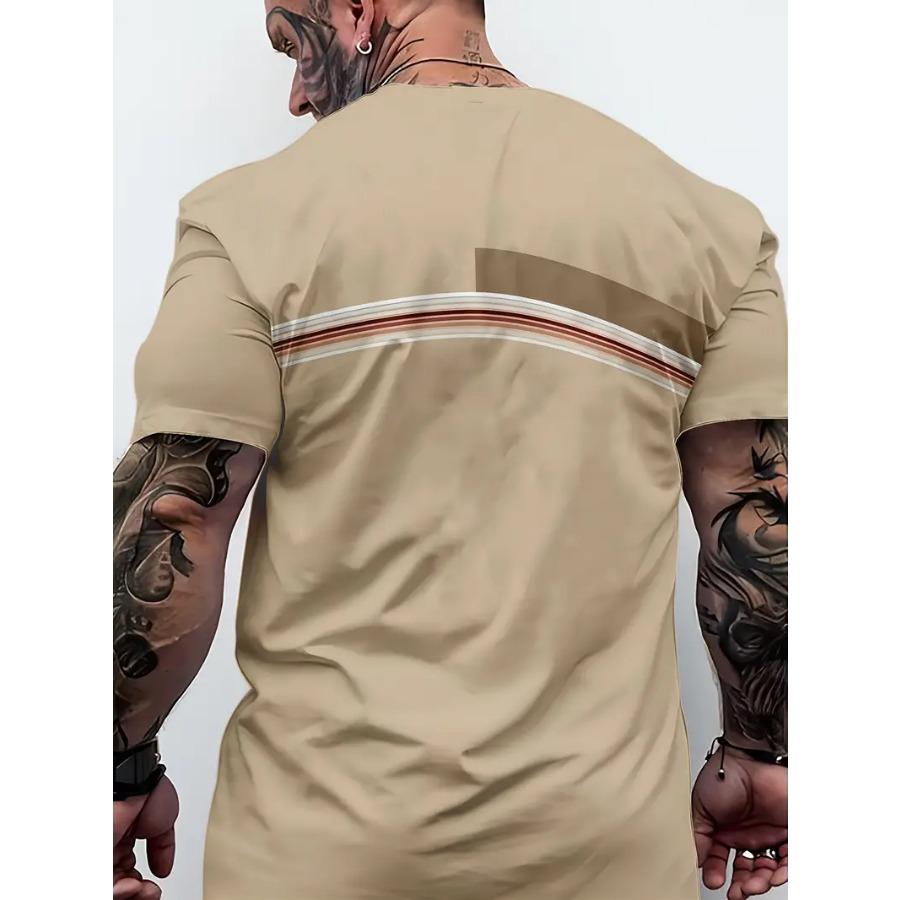 Футболка мужская с круглым вырезом и коротким рукавом - мягкая слегка эластичная полиэстеровая ткань, узор в полоску, повседневная, весна-лето