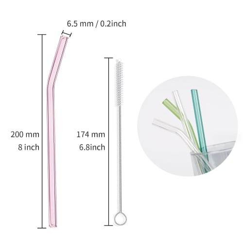 BetterJonny My Straw, 20cm Long Curved Glass Straw, Reusable, with Cleaning Brush, Perfect for Kids, Smoothies, Cocktails, and Hot Drinks