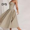 Женское платье с глубоким вырезом на тонких бретельках и открытой спиной без рукавов А-силуэта, большие качели, чистый цвет, тонкая талия, плиссированное платье миди для коктейльной вечеринки, выпускного вечера