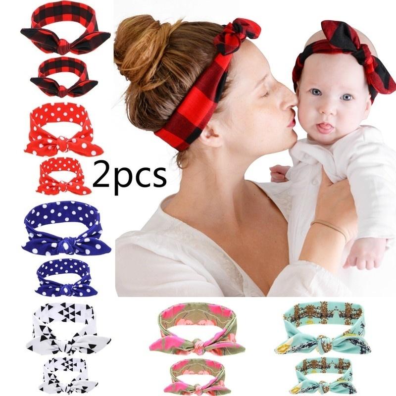 2pcs / комплект (Мама+Ребенок) Повязки на голову с кроличьими ушками, бантами, хлопковые аксессуары для волос, бант-галстук, эластичный обруч для женщин, малышей, детей, повязка на голову