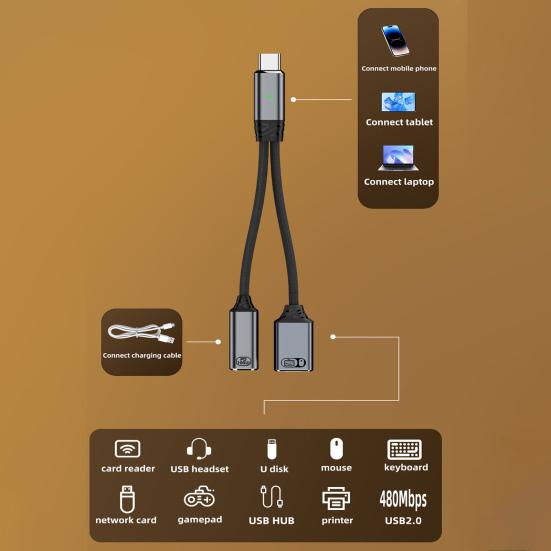 Кабель-адаптер USB-C OTG для зарядки и передачи данных 2 в 1, 100 Вт PD Type C в USB 2.0, быстрая зарядка и передача данных со скоростью 5 Гбит/с, нейлоновая оплетка, защита от перенапряжения