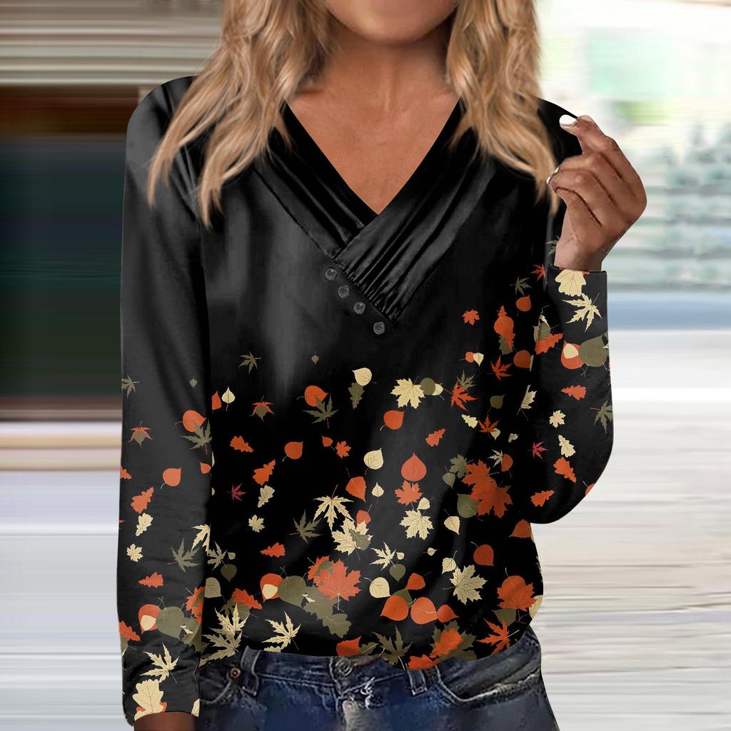 Women's Shirts Dressy Casual Sexy Fashion Pleated V Neck T-Shirts Button-down Fashion Clothing Tunics T-Shirts Pullovers