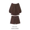 Kaslead New Women Clothes Western Style Loose off-Shoulder Top Casual Shorts 4043010 4043243