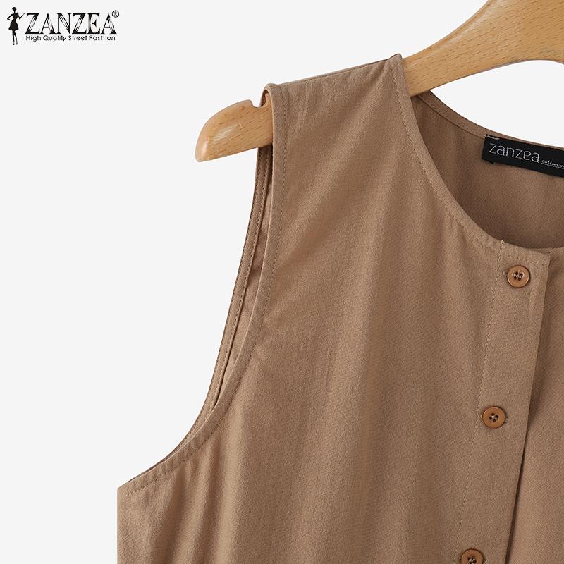 ZANZEA Женские летние рубашки с круглым вырезом без рукавов на завязках