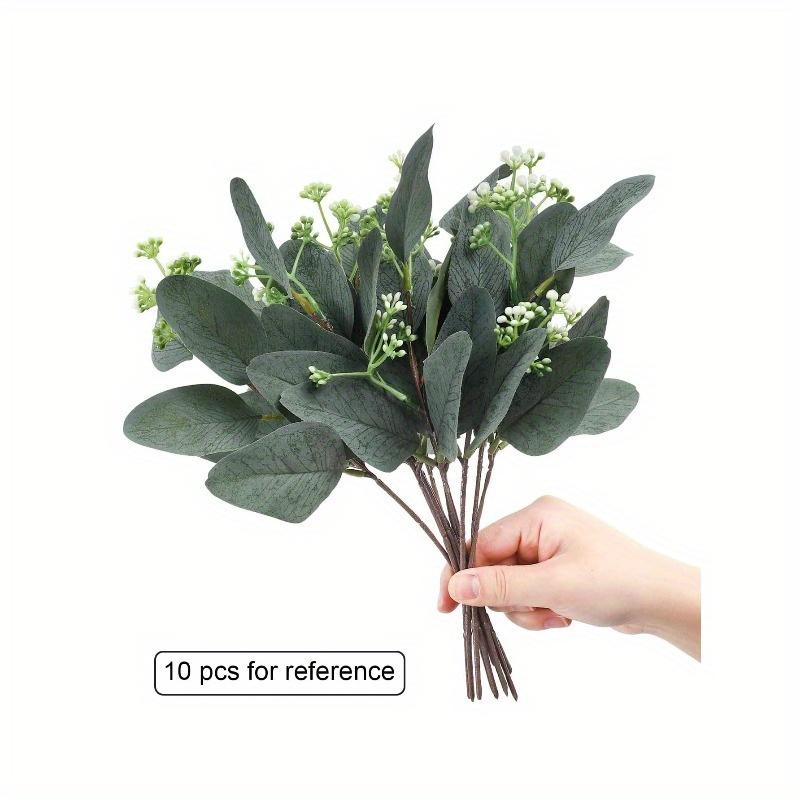 Artificial Eucalyptus Leaves Stems with White Seeds Short Silver Dollar Fake Green Leaf Stem Artificial Flowers Greenery Stems Plants