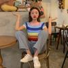 Korean Summer Style New Slim Fit Rainbow Stripe HyunA Style Playful Short Short-sleeved Sweater for Women