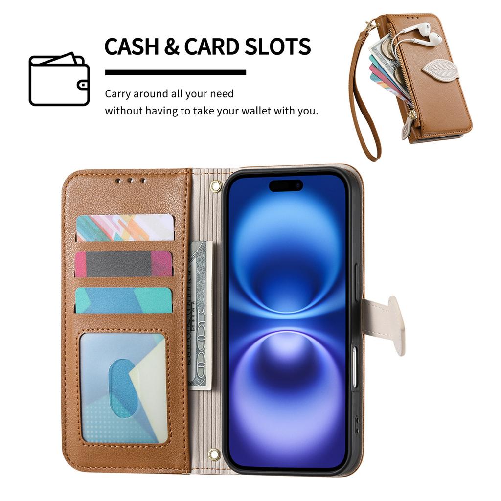 Wrist Strap Leather Zipper Wallet with Card Slot Phone Case for IPhone 17 Air 16E 16 15 14 13 12 Pro Max Plus Protective Cover
