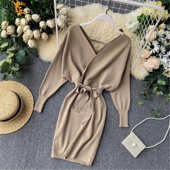 Stylish New Autumn Winter Bag Hip Sweater Dress Female Chic V-neck Bandage Dresses Sexy Women