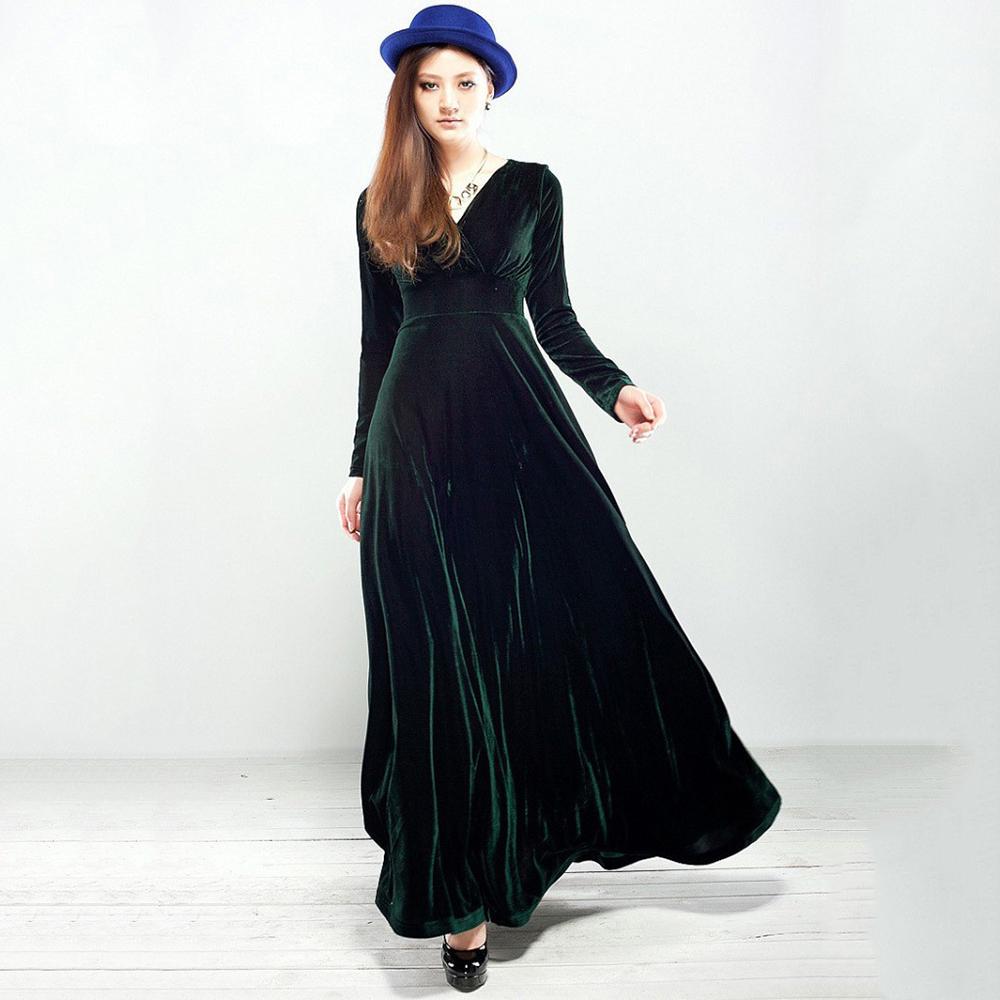 Womens Autumn Dress Velvet Long Sleeve V Neck .