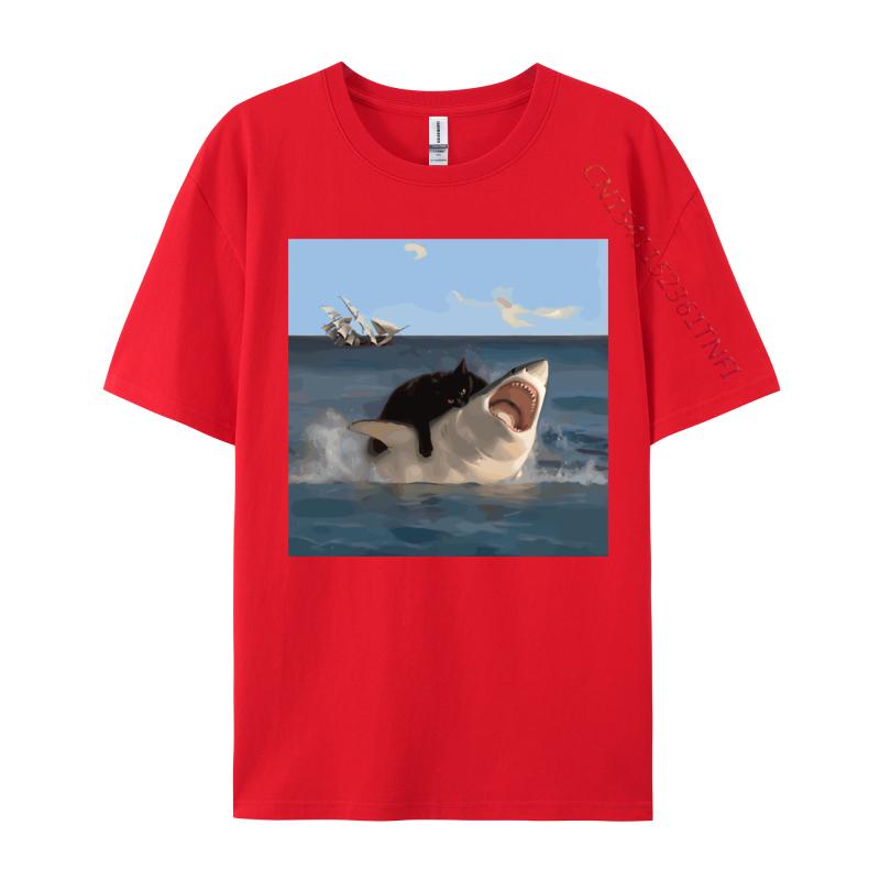 Cat Biting Shark Funny Art and Cat Lover Funny Cat and Shark Printed Cotton Unisex Tops Shirt Normal Hip Hop 2026 Summer TShirt