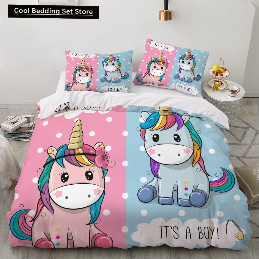 Детский детский розовый комплект постельного белья Queen King Cartoon Unicorn Белый пододеяльник Twin Полный цветной 2/3 шт полиэстеровый пододеяльник