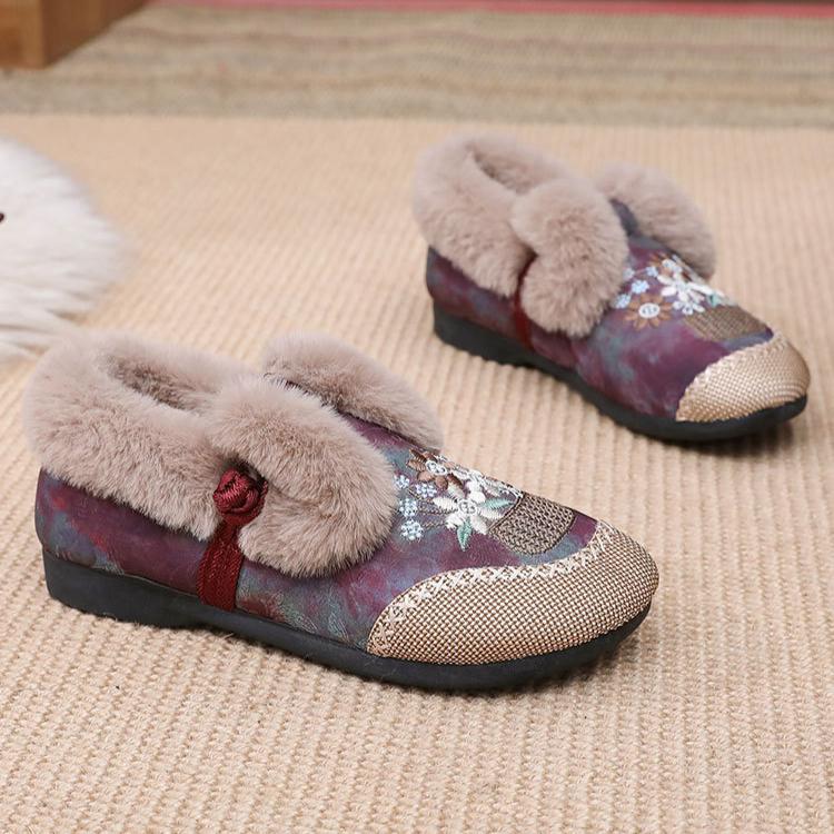 Women's Winter Warm Embroidered Loafers Shoes Faux Fur Lining Short Ankle Boots Comfortable Casual Walking Shoes Non-Slip Snow Booties Flats for Women