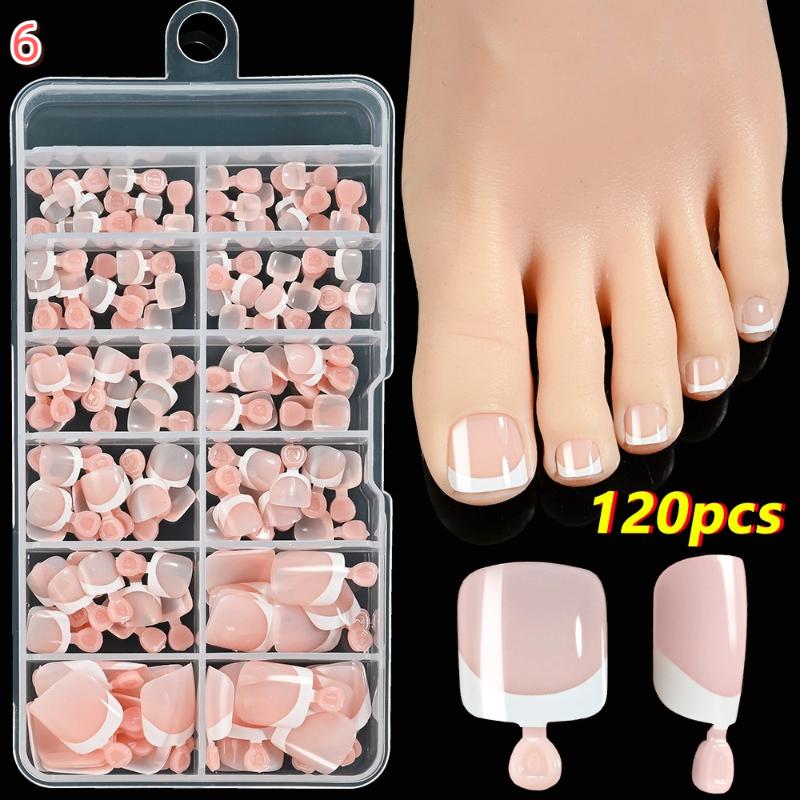 120Pcs French Short Square Artificial Press On Toenails Nude Pink Full Cover False Toe Nails Fake Toe Nail Extension For Women
