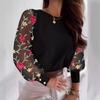 Women's Plus Size Elegant Floral Embroidered Long Sleeve T-Shirt with Crew Neckline and Mesh Overlay - Black, Red Rose and Green Leaf Design