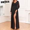 Long See-through Sleeve Splicing Long Skirt V-neck High Slit Big A Shine Fully Lined Quality Evening Gown