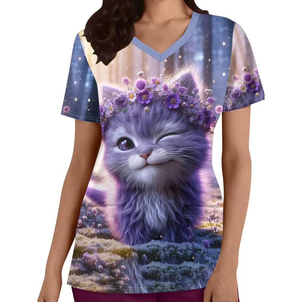 Clinical Uniform Cute Cat Cartoon Print Fashion Short Sleeve Casual V-Neck Vet Medical Clothes Women's T-shirts