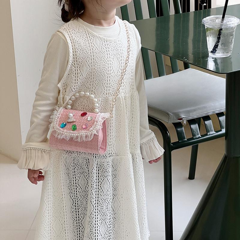 Chic And Fashionable Kids Handbag Featuring Cute Lace And Rhinestones For Girls