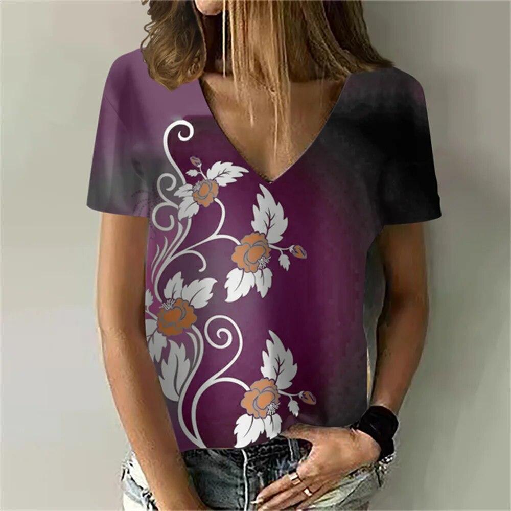 Versatile Sexy V-neck Women's T Shirt Flower 3D Print Summer Short Sleeve Fashion Street Harajuku Comfortable Ladies Tee Casual