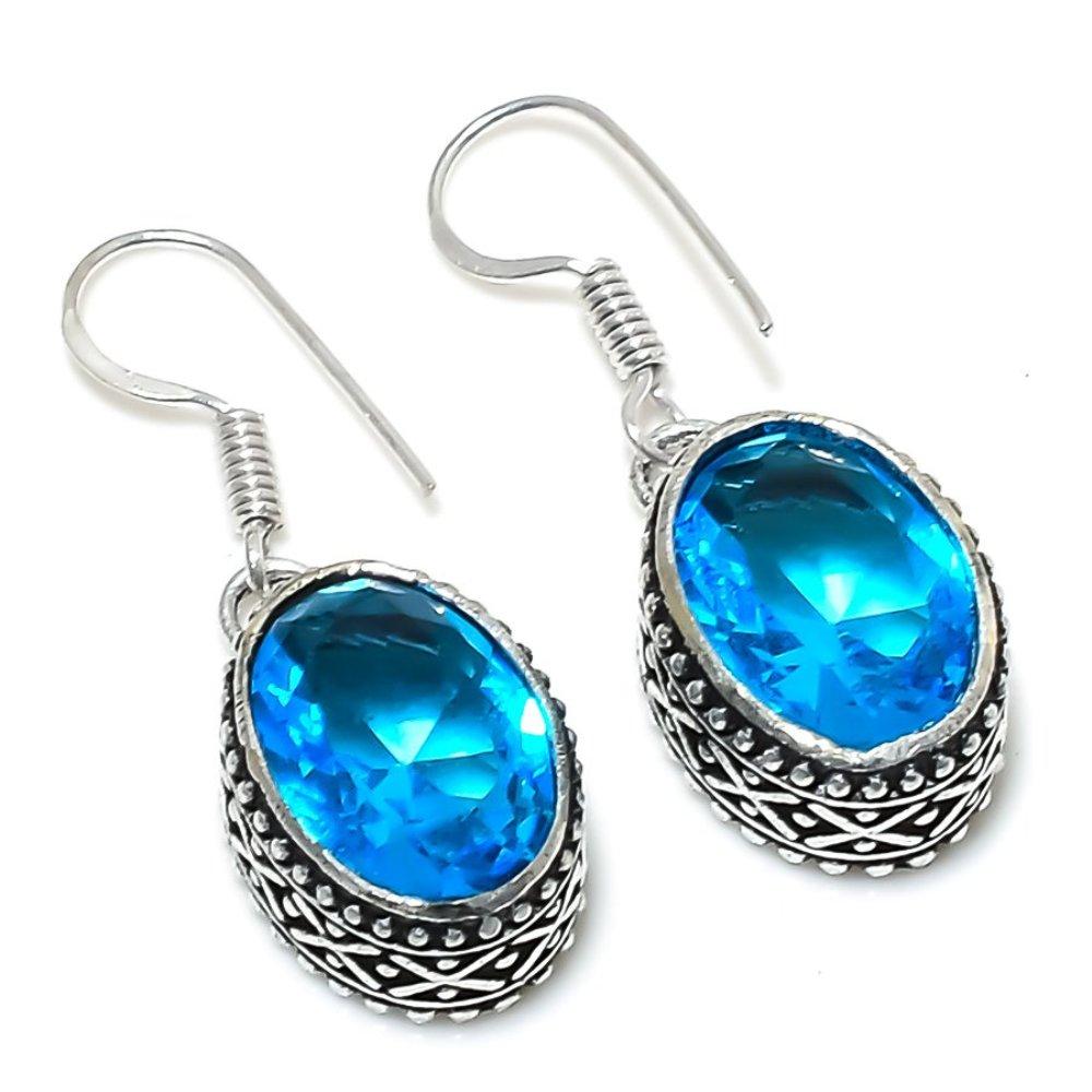 Natural Swiss Blue Topaz Gemstone 925 Sterling Silver Gift Earring 1.42" O3D66