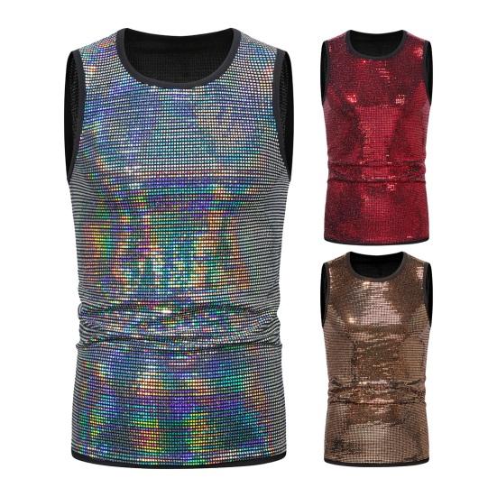 Летний мужской жилет, блестящий металлический жилет без рукавов с круглым вырезом, приталенный, эластичный, средней длины, пуловер на бретелях для выступлений в клубе, шоу на сцене
