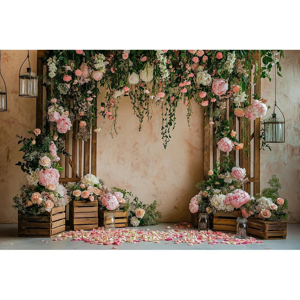 Flower arched wooden grid themed children's birthday party Backdrop, adult wedding, family gathering banner photography Backdrop13
