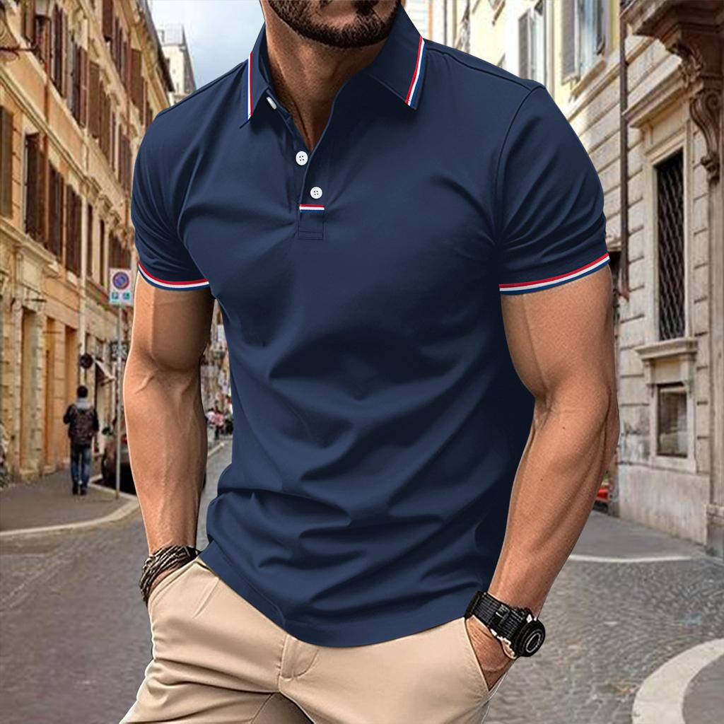New Arrival Men's Casual Polo Shirt Collar Patchwork with Ribbed Trim Button-Front Business Solid Colour Versatile T-Shirt