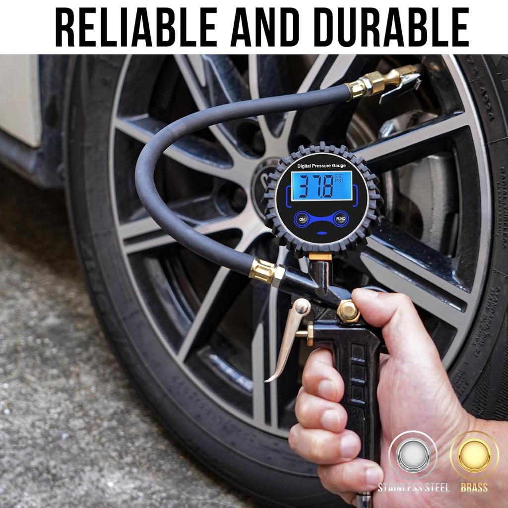 Digital Tire Pressure Gauge with Inflator, Air Compressor Accessories with Air Chuck Quick Connect Coupler, Car Attachments with Rubber Hose for Car,