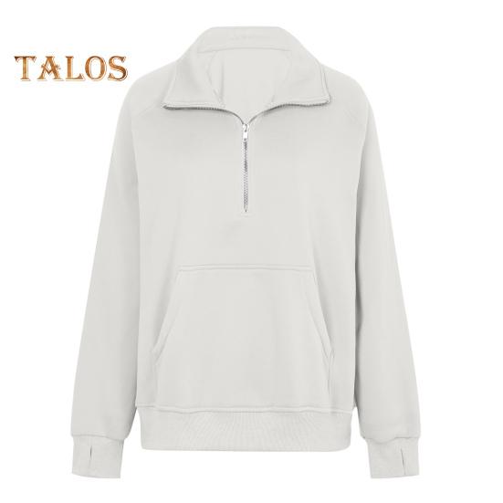 Женская толстовка осень-зима с застежкой-молнией на лацкане, с длинным рукавом и передним карманом, пуловер, однотонный свободный спортивный свитшот