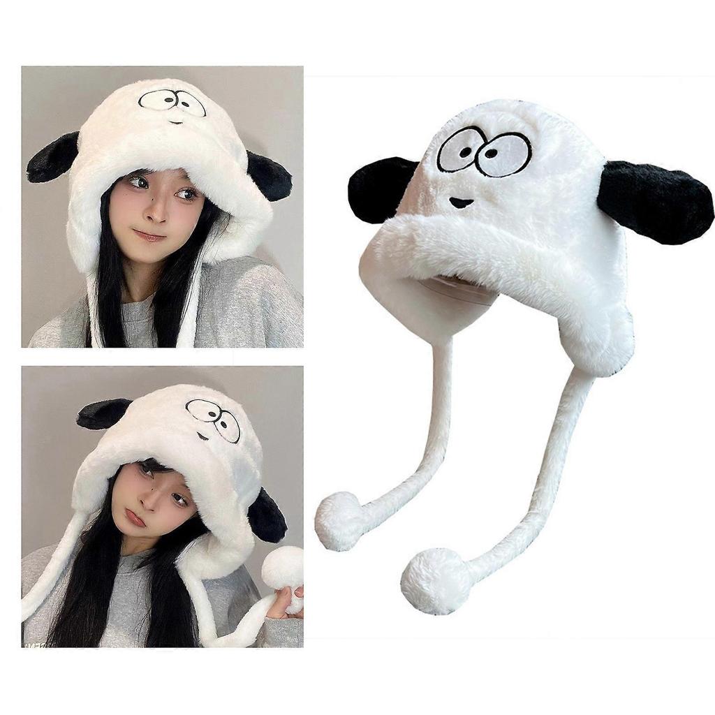 Winter Keep Warm Plush Bucket Hat Ladies Windproof Commute Camping Skiing Fisherman Cap Cute Big Eyes Hat for Girlfriend White