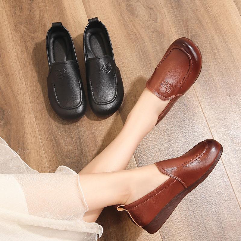 New Leather Mother Shoes Single Shoes Comfortable Soft Sole Middle-aged Women Flat Non-slip In the Elderly Women's Shoes Spring and Autumn