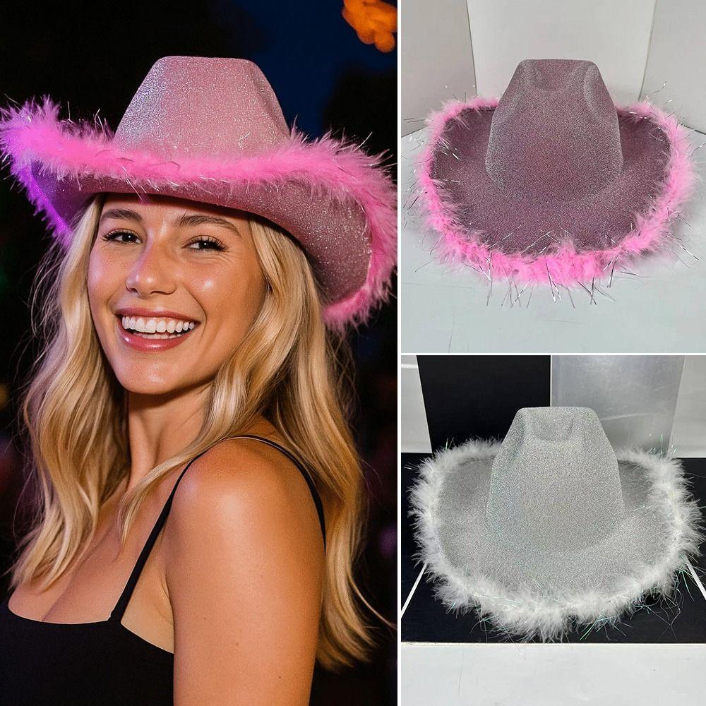 Plush Brim Cowboy Bucket Hat Pink Silver Panama Hat New Fisherman Cap for Camping Hiking