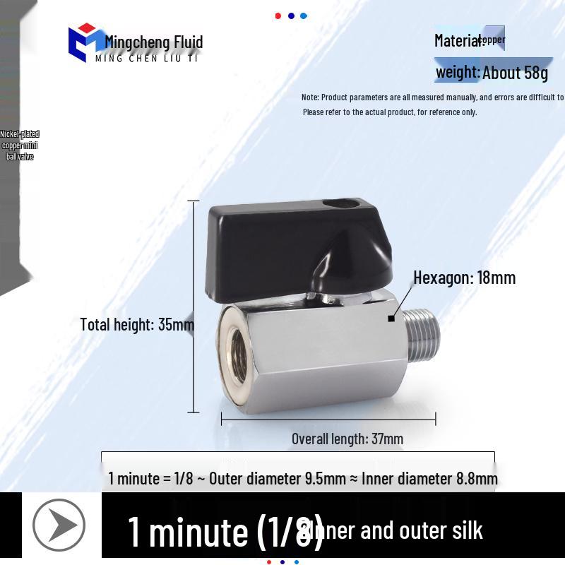 Compact Ball Valve with Double Male/Female Thread, Sizes 1/4", 3/8", 1/2", Pneumatic Polished Electroplated Switch Valve Accessory.