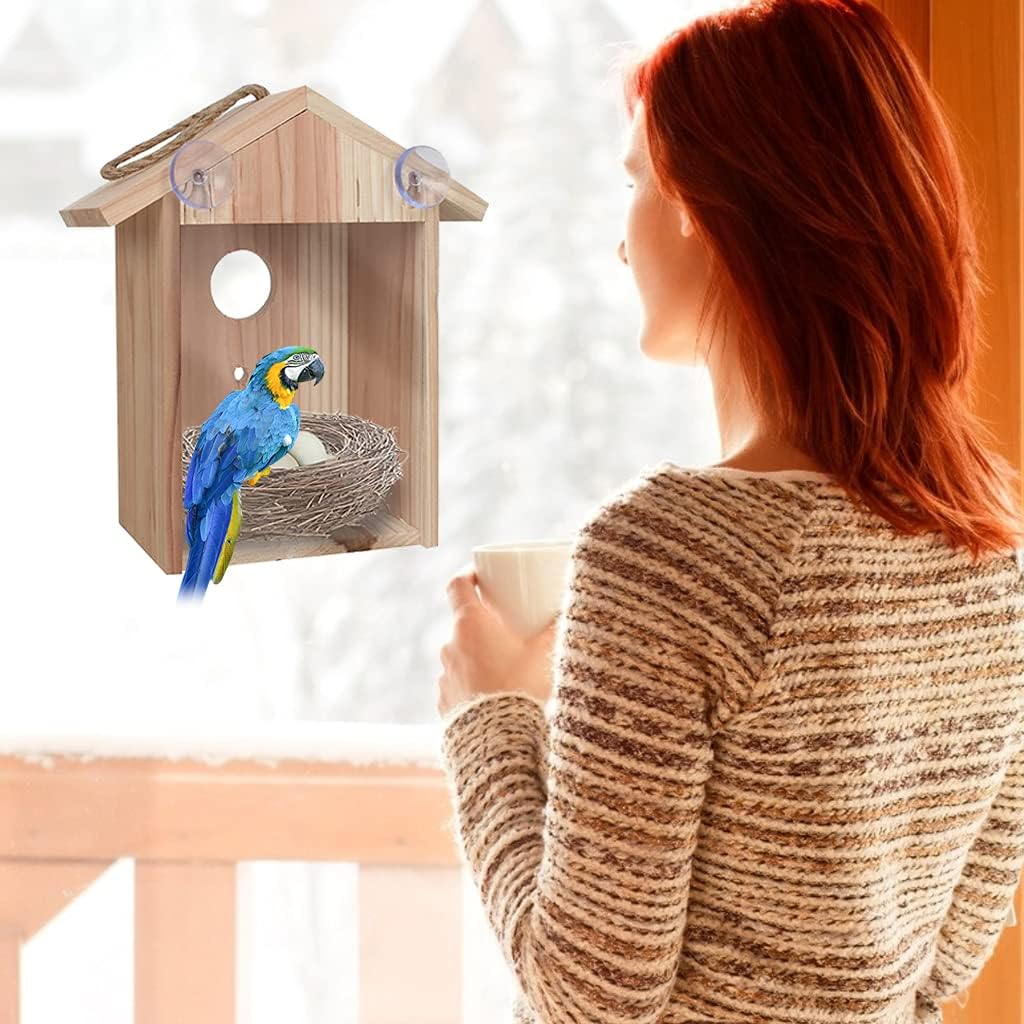 Wooden Bird House for Outside Bird Nesting Box Window Birdhouse for Viewing Bluebirds Houses for Outside with Strong Suction Cups