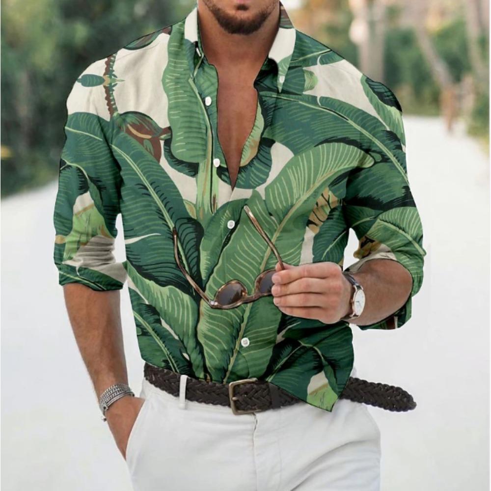 Men's Floral Printed Long Sleeve Shirts Casual Cardigan New Button Holiday Fashion Shirts