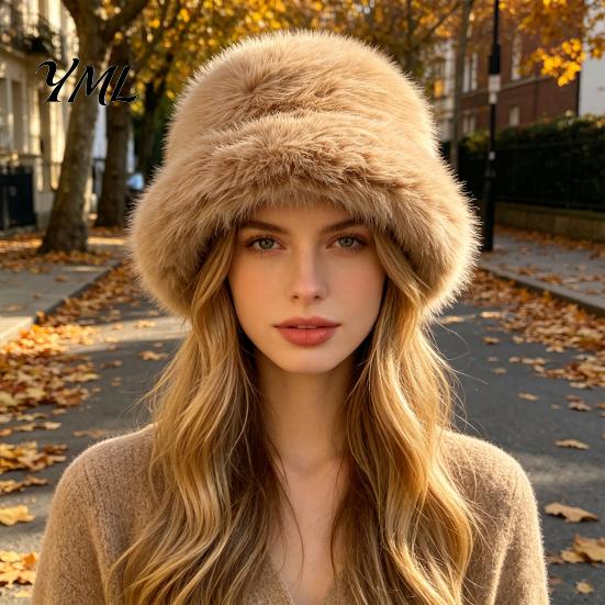 Stylish Winter Accessory Faux Fur Bucket Hat for Women, Fuzzy Warm Fisherman Cap, Soft Plush Fluffy Cold Weather Ear Protection Hiking